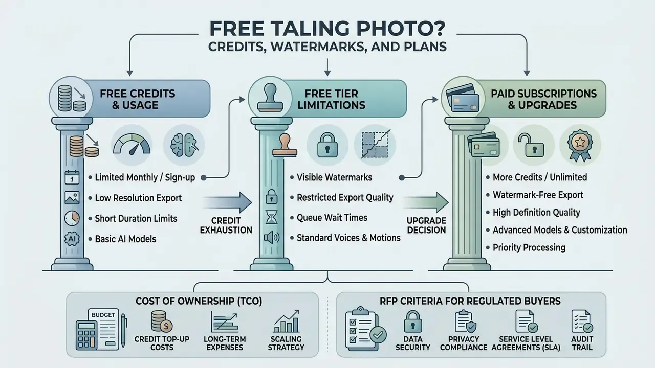 Three pillars comparing free credits, tier limitations, and paid subscription features for software