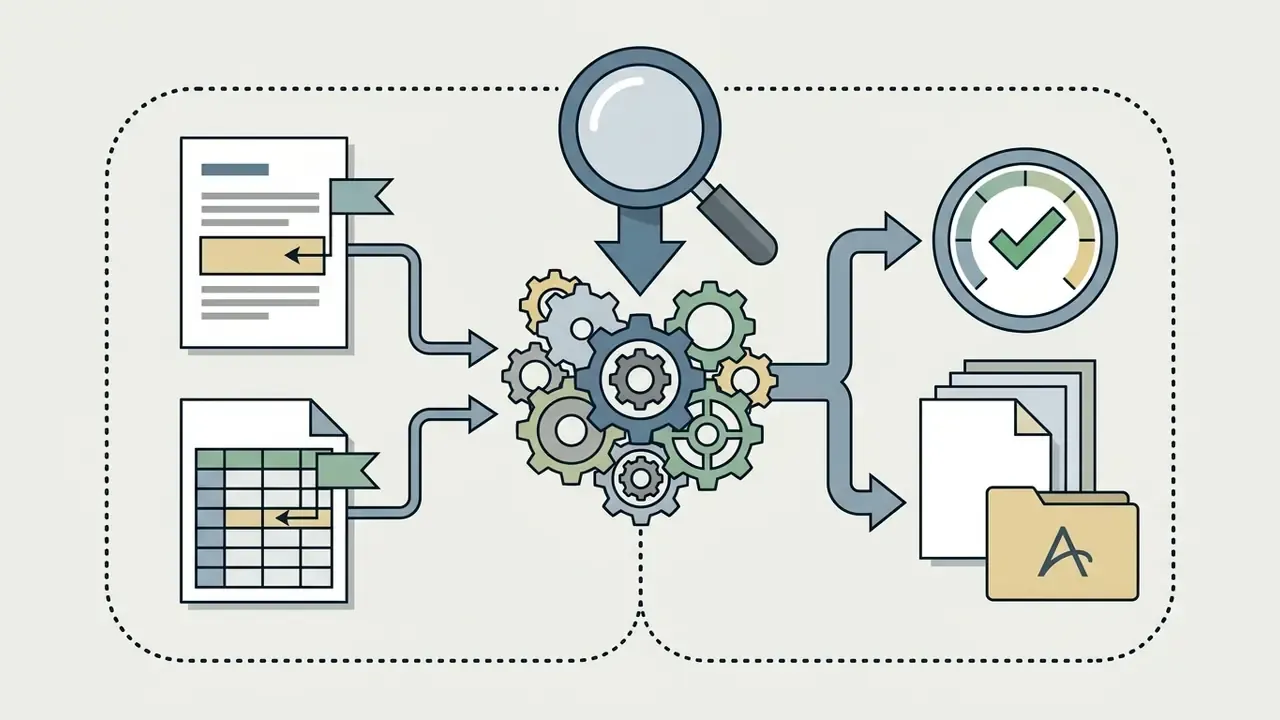 Files and spreadsheets feeding into a gear mechanism with a magnifying glass to output reports and folders