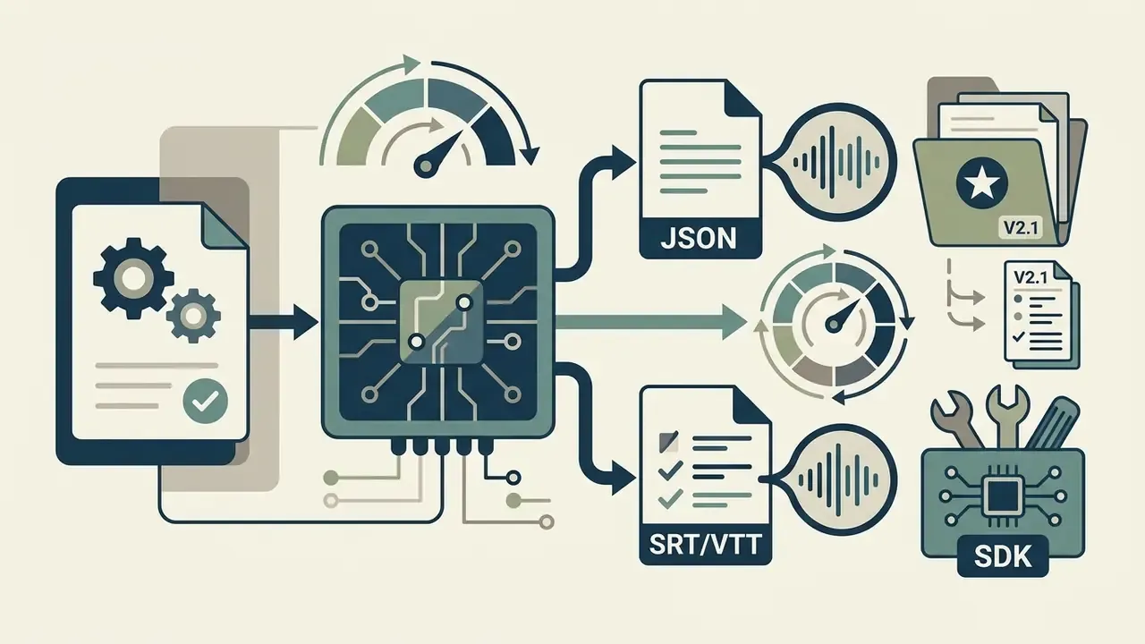Processor chip converting input data into JSON and subtitle formats alongside audio and SDK tools