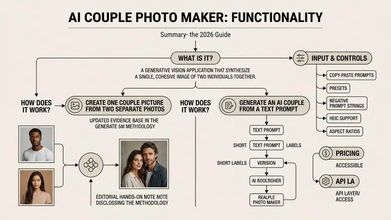 Flowchart detailing how an AI couple photo maker combines two portraits or text prompts into one image