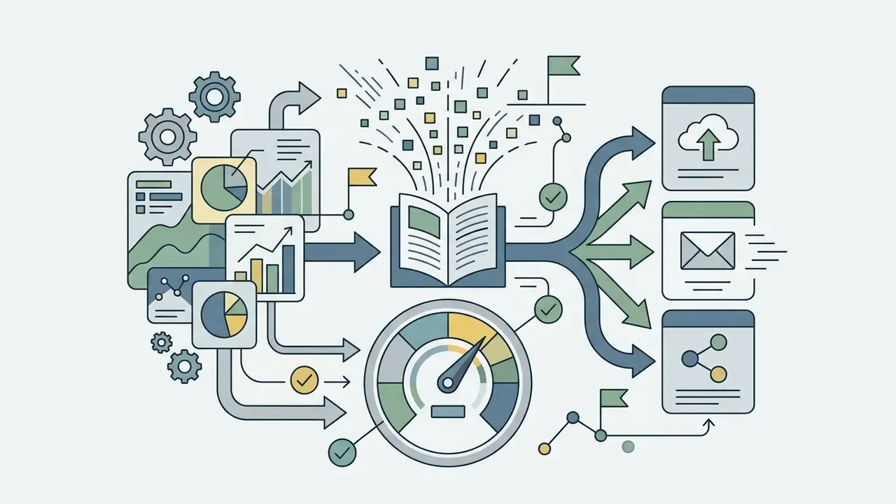 Charts and data inputs feeding into a book icon that distributes content through cloud, email, and share channels