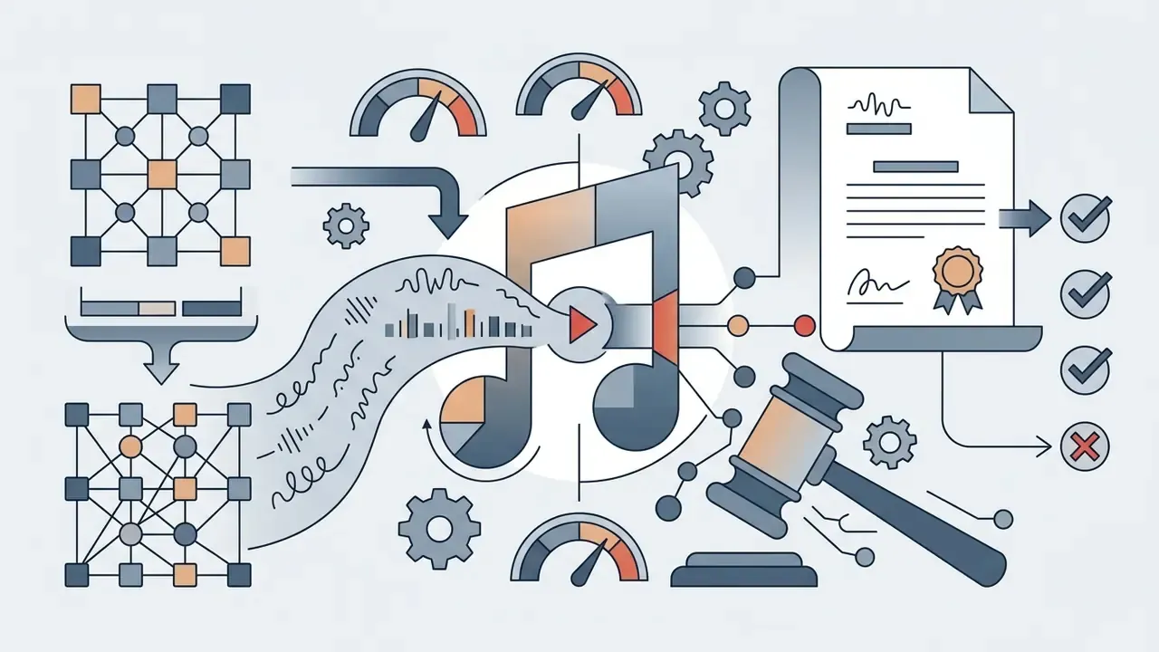Data networks and audio processing icons connecting to a legal contract with compliance checkmarks
