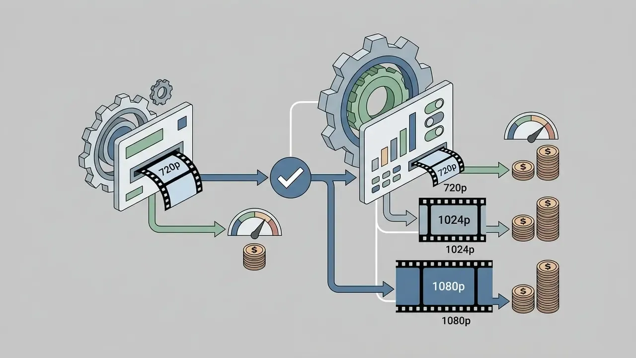 Gear mechanisms processing video resolutions into tiered cost outputs for OpenAI Sora video generation