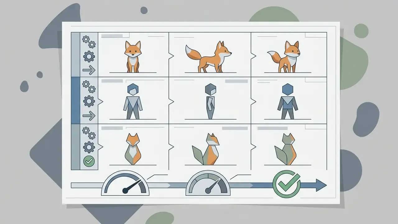 Grid showing fox and geometric character models evolving through three stages of stylized transformation