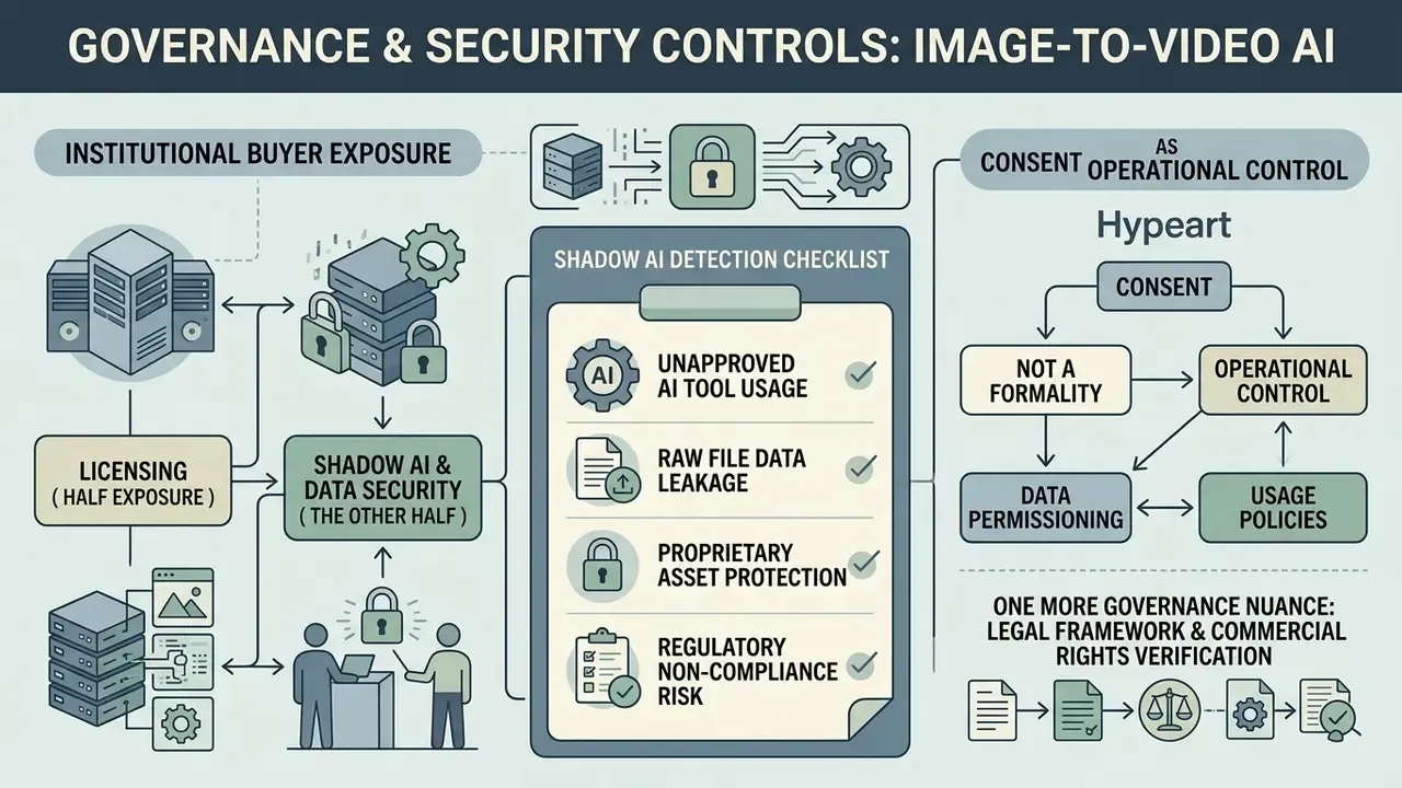 Diagram detailing risk assessment factors including a shadow AI detection checklist and consent workflows