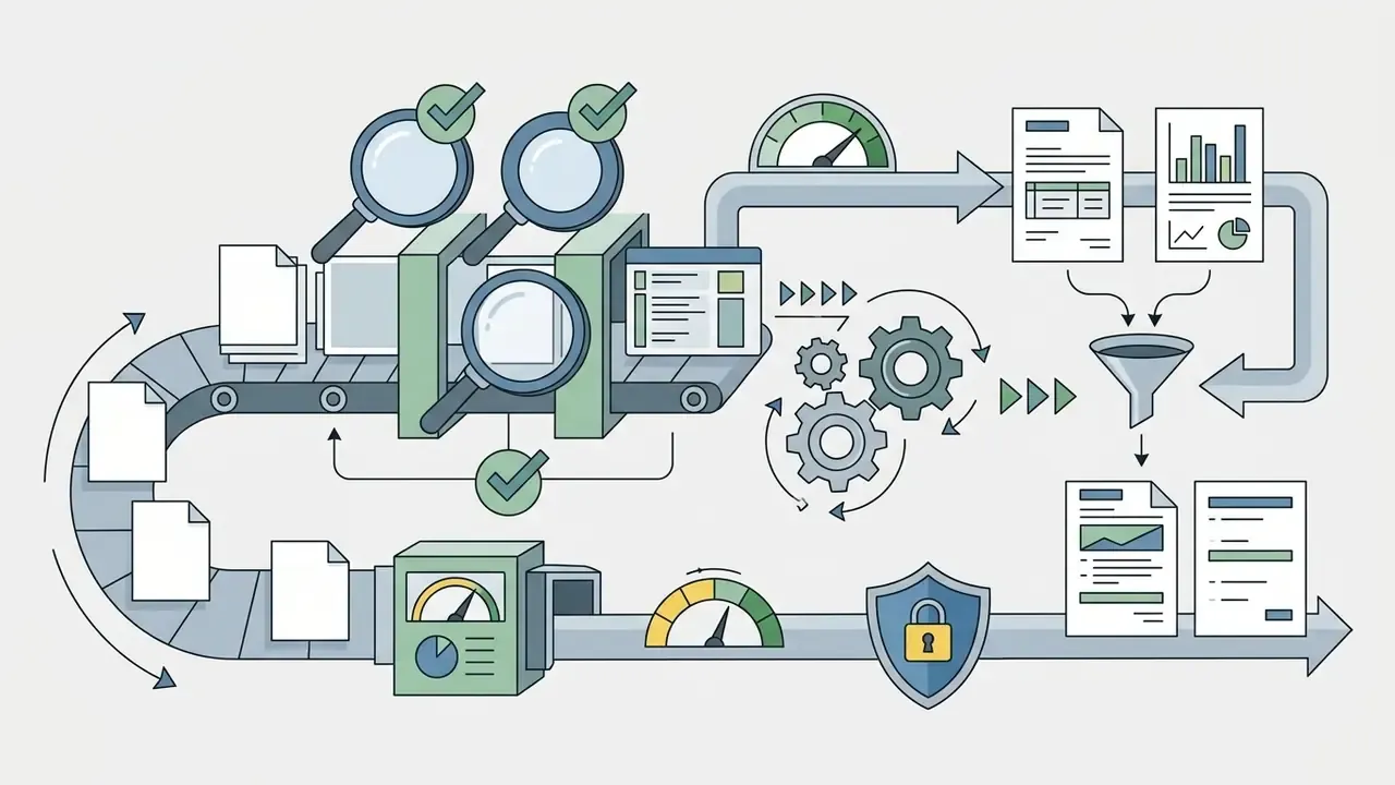 Documents moving along a conveyor belt through inspection stations and gears into a secure data filter