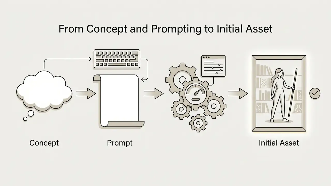 Sequence showing a thought bubble, a text prompt, mechanical gears, and a final framed character illustration