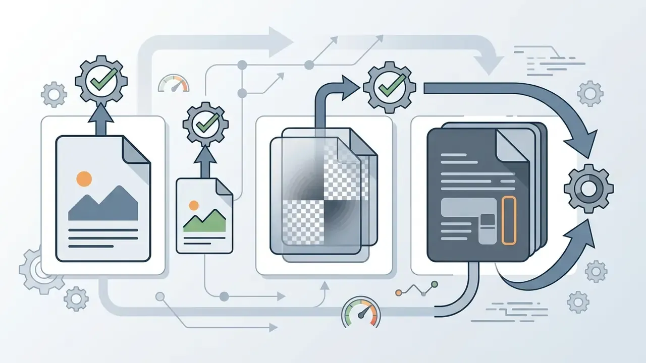 Document files moving through a gear system for AI image editing and format validation