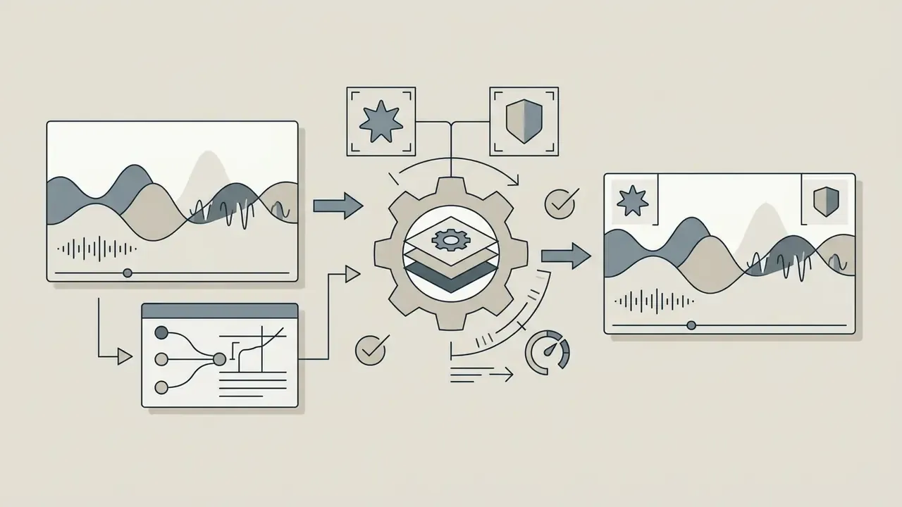 Gear mechanism layering logos and visual assets onto a video track with waveform data