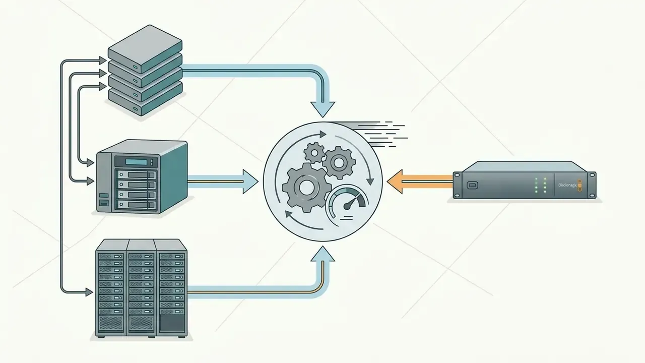 Multiple storage drives and servers feeding data into a central processing hub with gears and a gauge