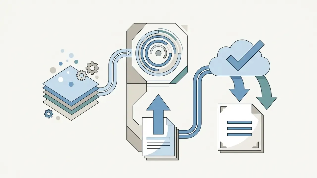 Layered image files moving through a central processing hub into a cloud for final document export