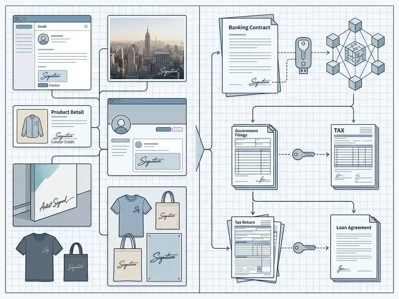 Matrix showing low-risk creative applications versus high-risk cryptographic document signing workflows