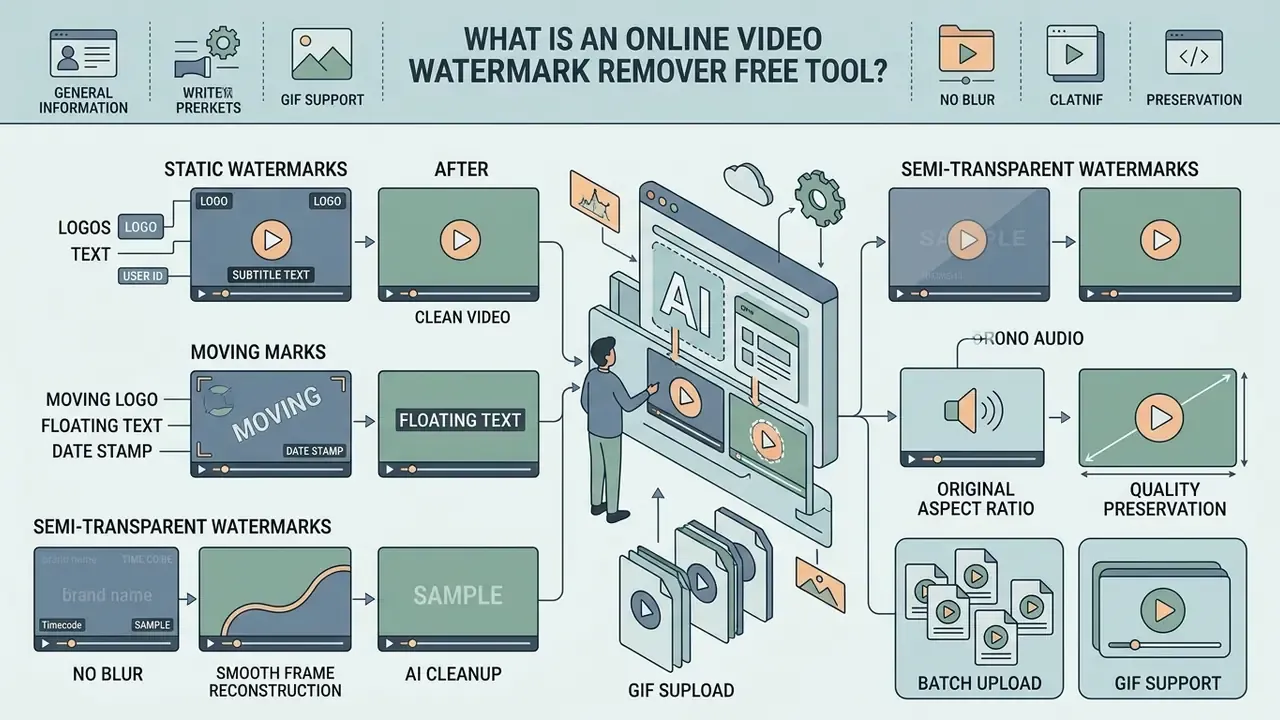 Infographic showing how AI tools remove static, moving, and semi-transparent watermarks from video files