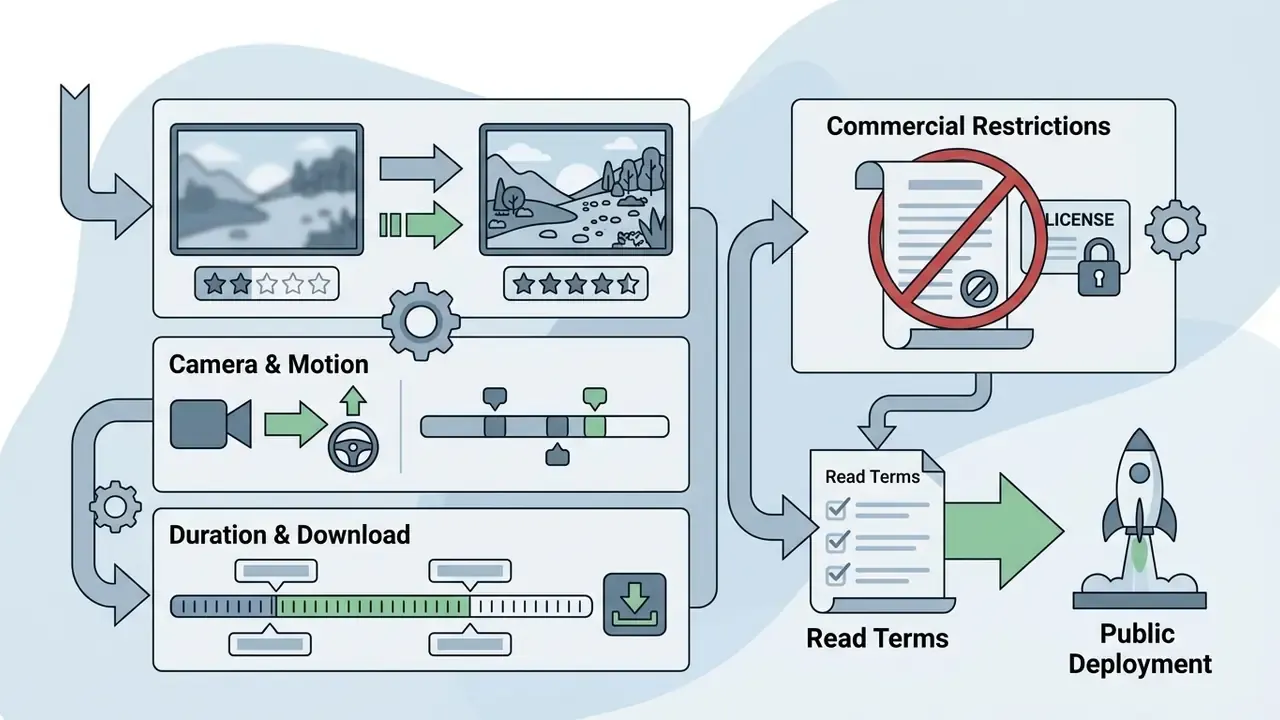 Workflow showing video generation parameters and the importance of checking commercial license terms