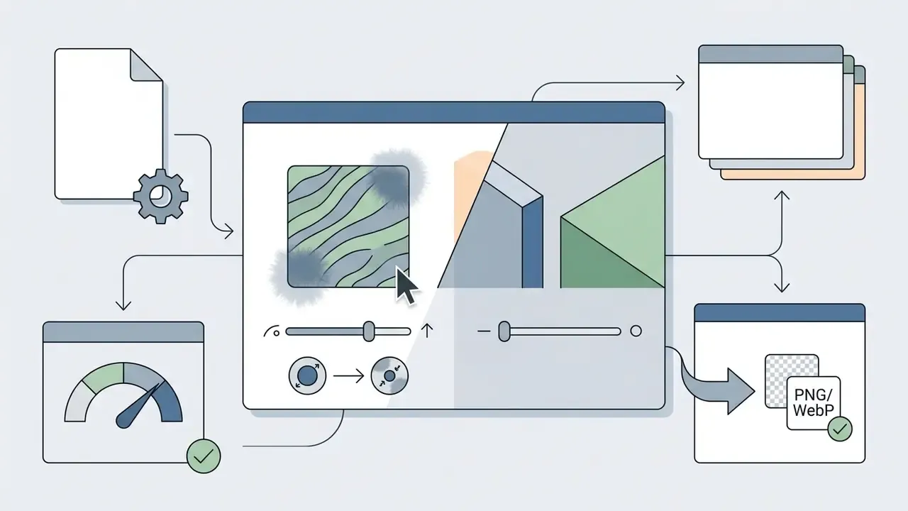Editor window with sliders and brush tools for refining mask edges on textured and geometric shapes