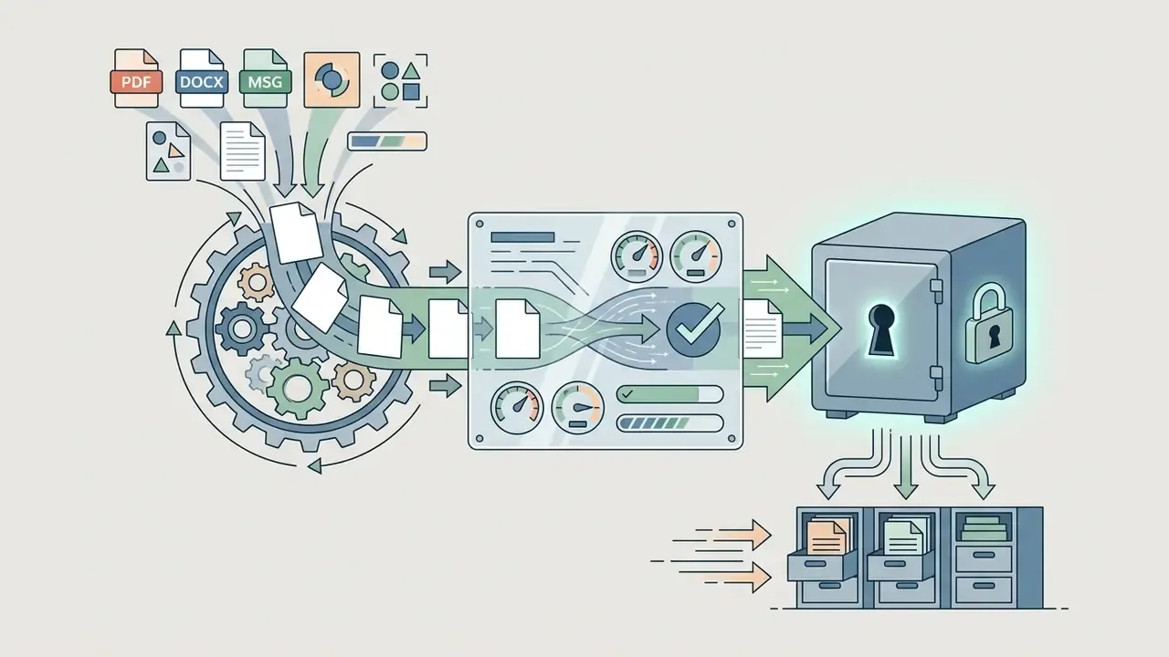 Files entering a gear system and processing unit to be stored securely in a digital vault