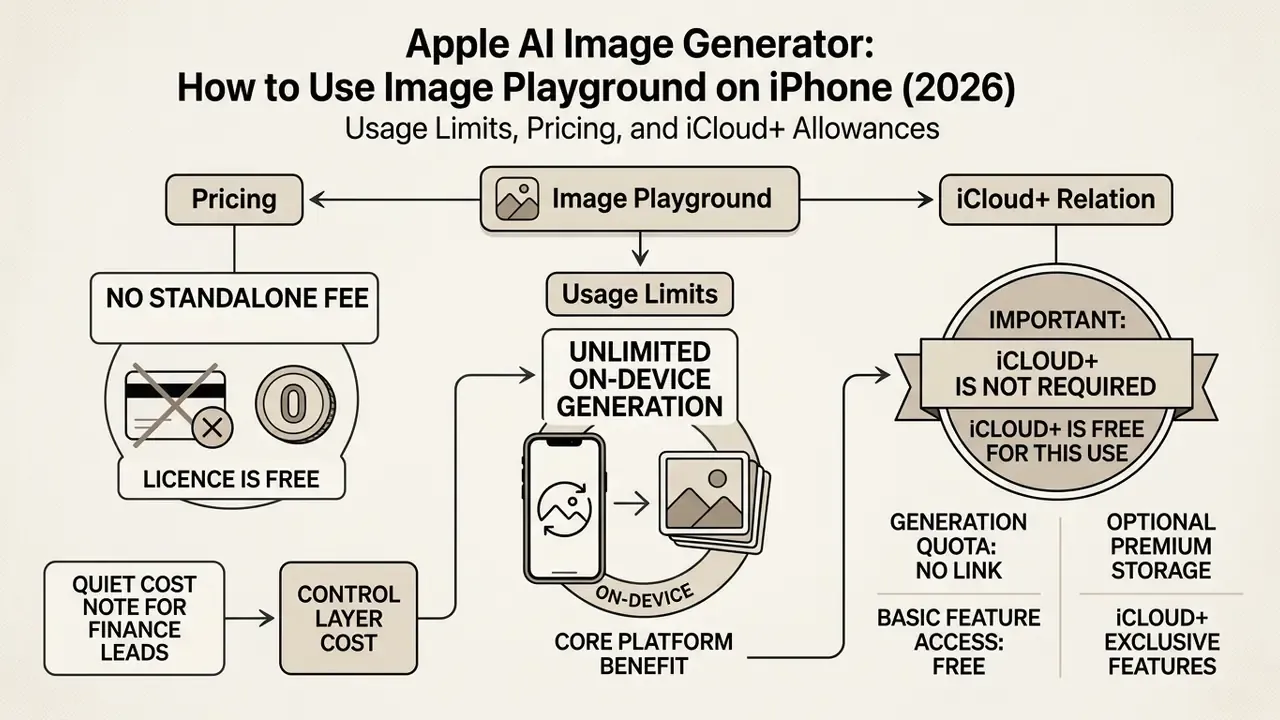 Flowchart outlining pricing, unlimited on-device generation, and iCloud+ requirements for Image Playground