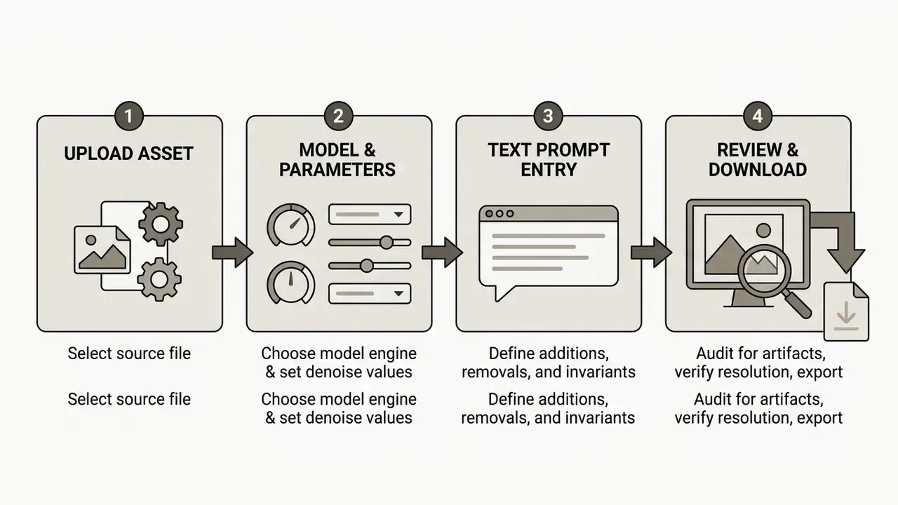 Four sequential steps for digital asset modification involving file upload, parameter tuning, prompting, and export
