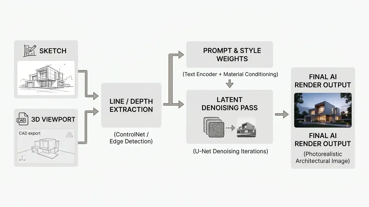 Flowchart illustrating the transformation of architectural sketches and CAD models into photorealistic images