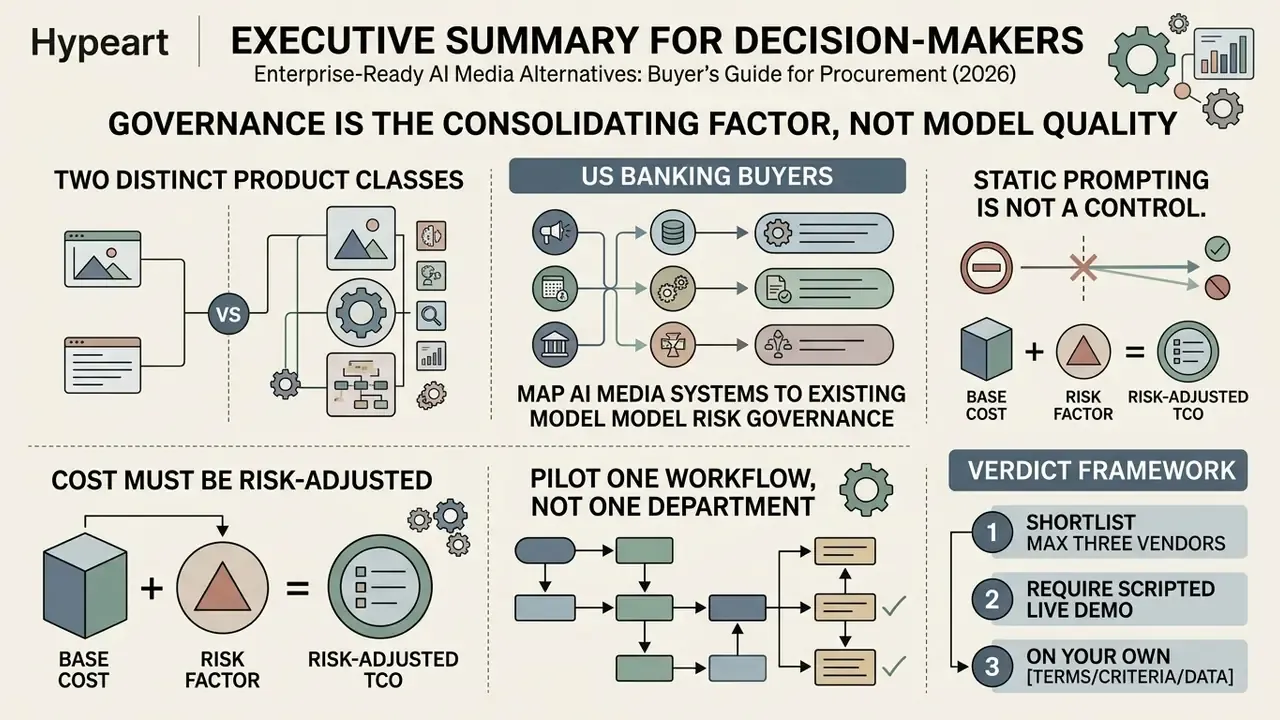 Infographic outlining key governance and procurement strategies for Enterprise-Ready AI Media Alternatives