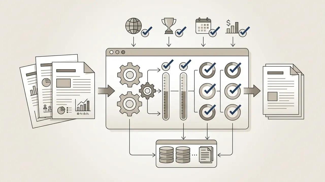 Data documents flowing through a processing engine with verification steps to produce a final report