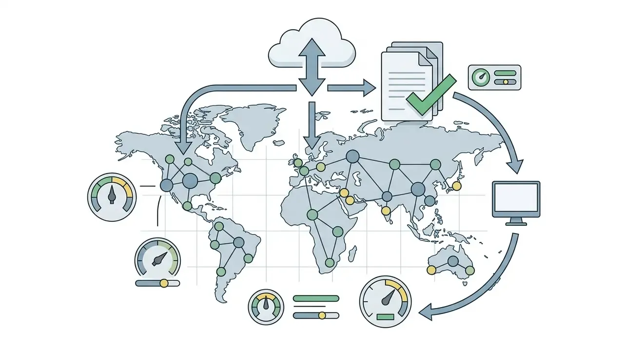 World map with regional network nodes and performance gauges connecting to cloud storage and document files