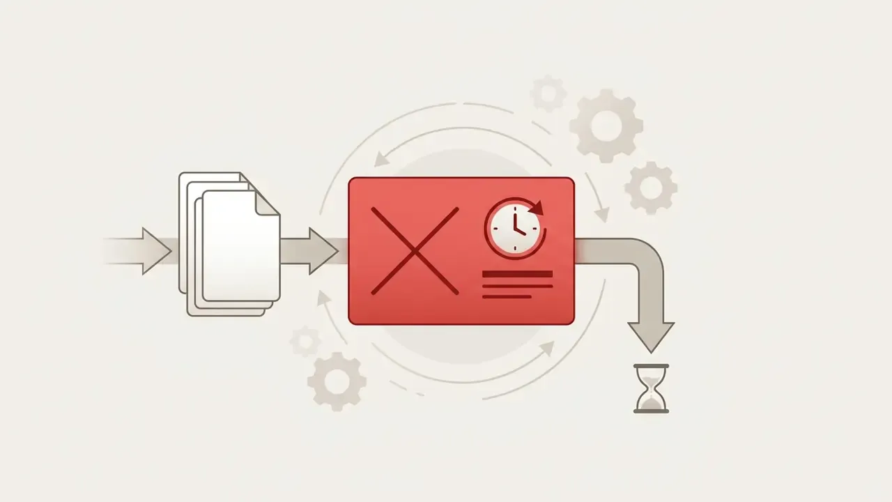 Stack of documents entering a red block with a clock icon to trigger a pause symbol