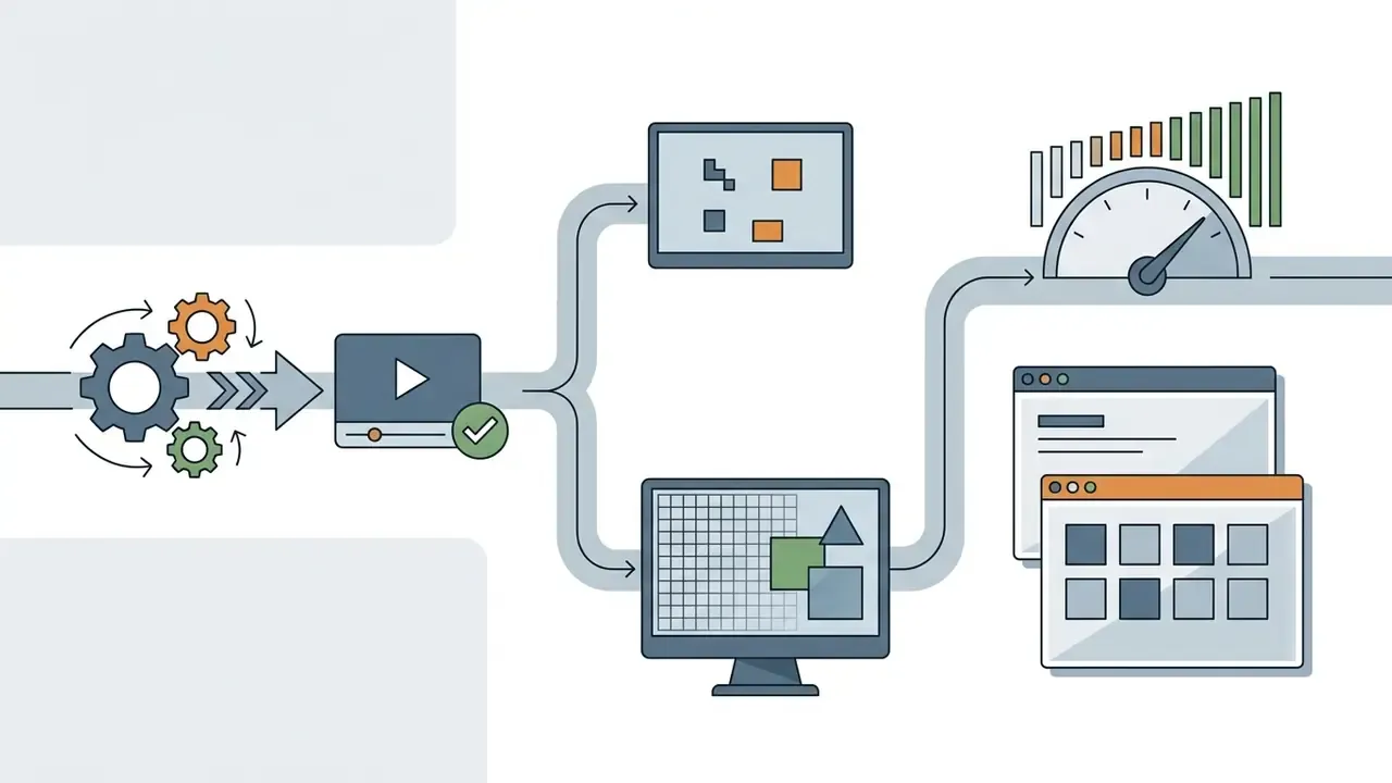 Process flow showing video rendering, output resolution options, and performance speed monitoring