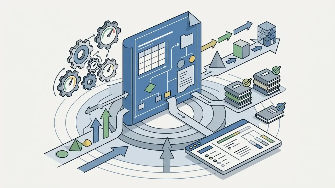 Central manual with gears and arrows directing data into organized stacks and a digital dashboard