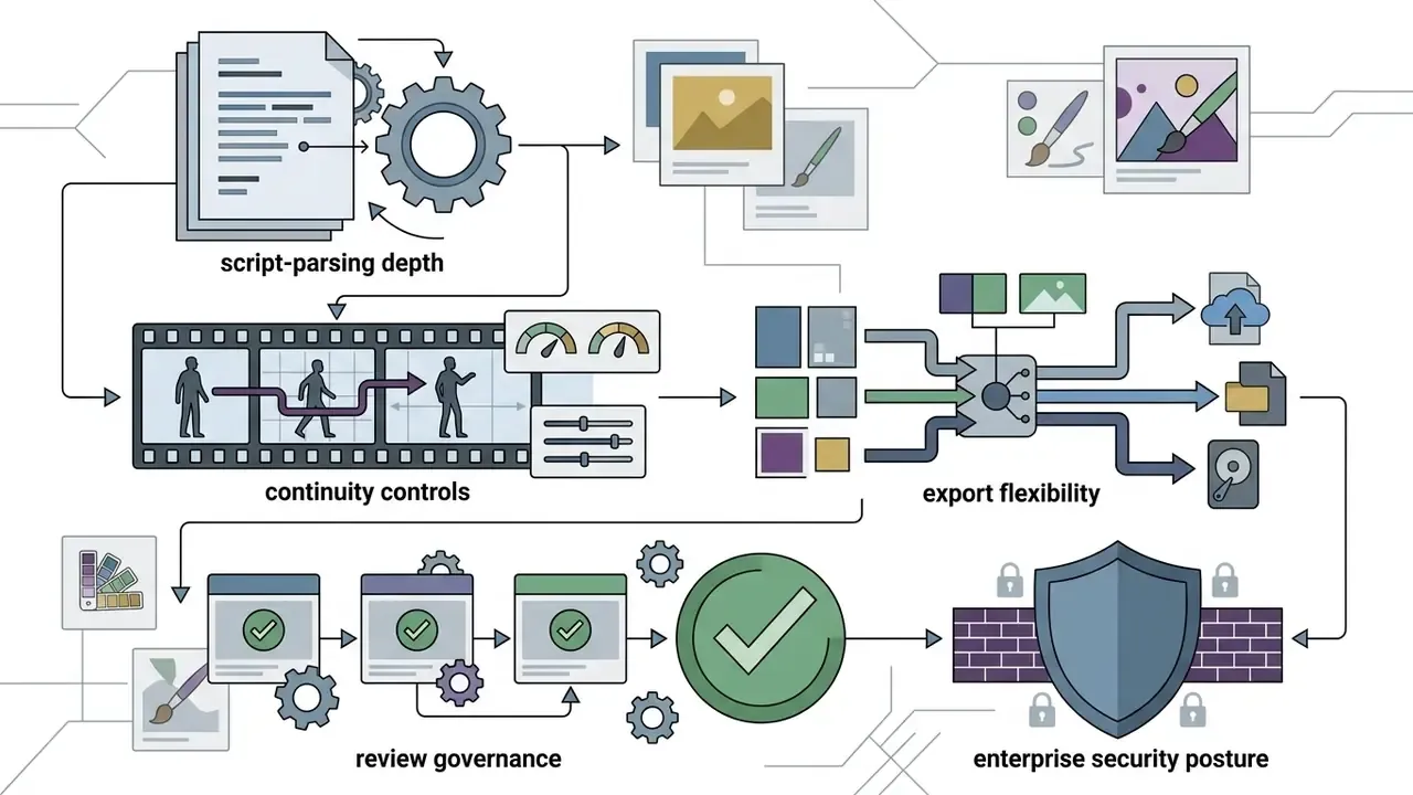 Workflow showing script parsing, continuity controls, export flexibility, review governance, and security