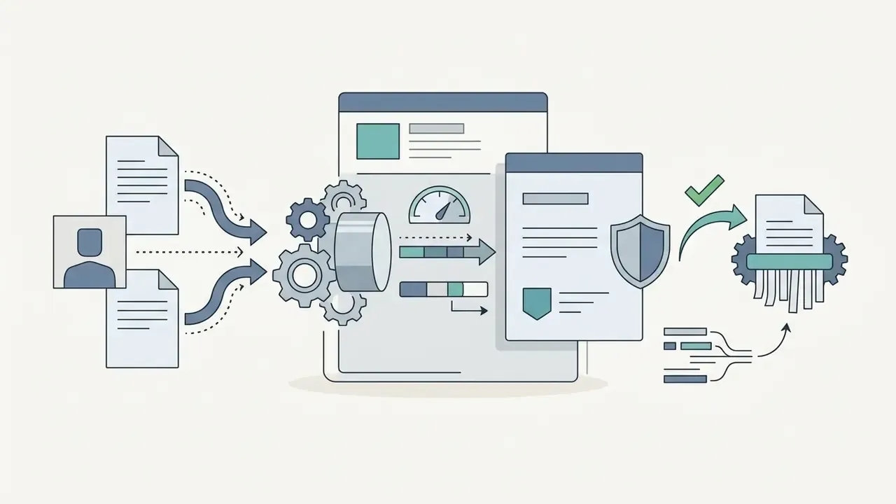 User documents feeding into a gear mechanism and shield icon that leads to a secure shredding process