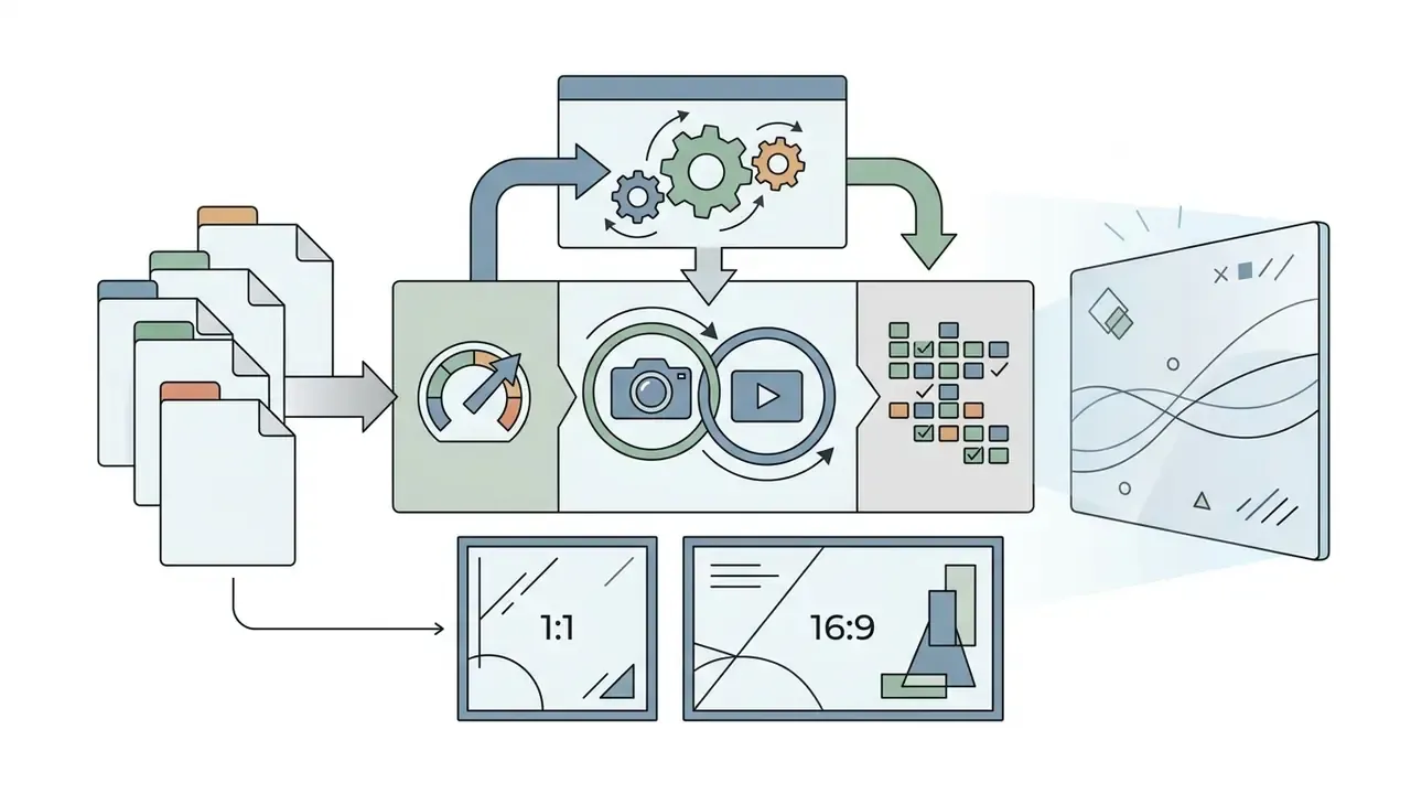 Documents flowing into a central processing hub with camera and video icons to generate 1:1 and 16:9 aspect ratios