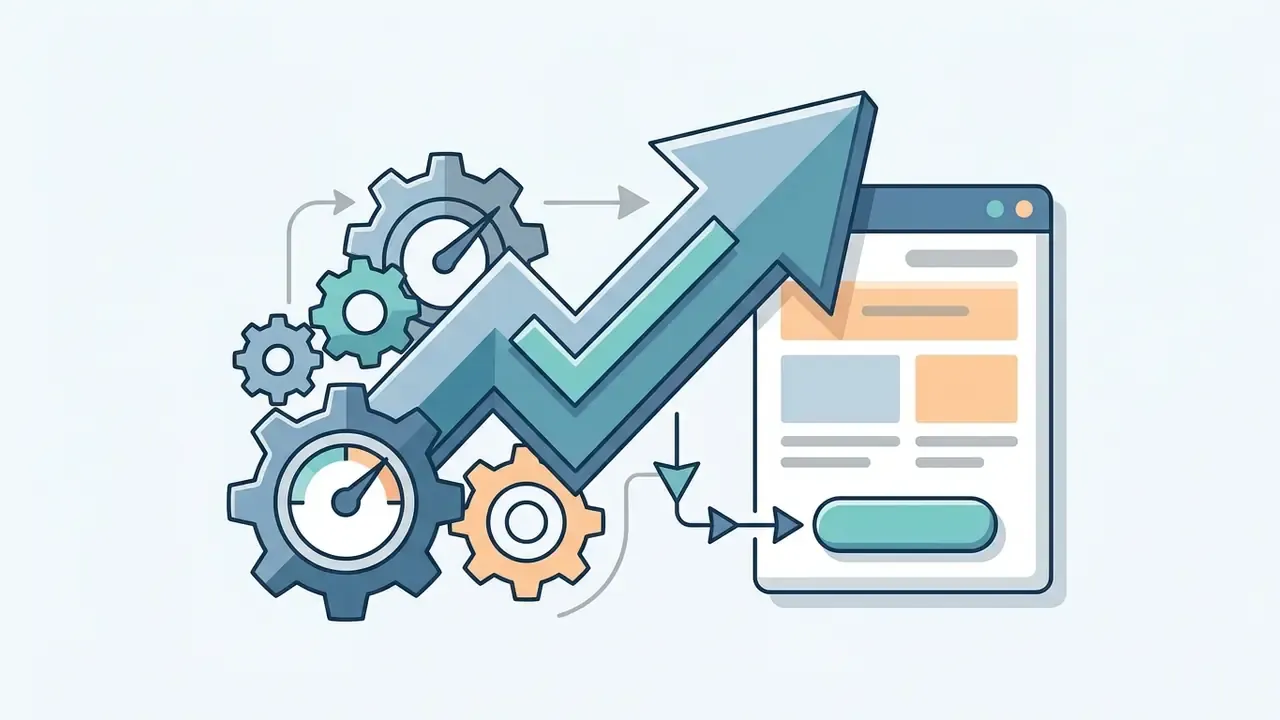 Interlocking gears and gauges driving an upward arrow toward a digital interface with a call to action