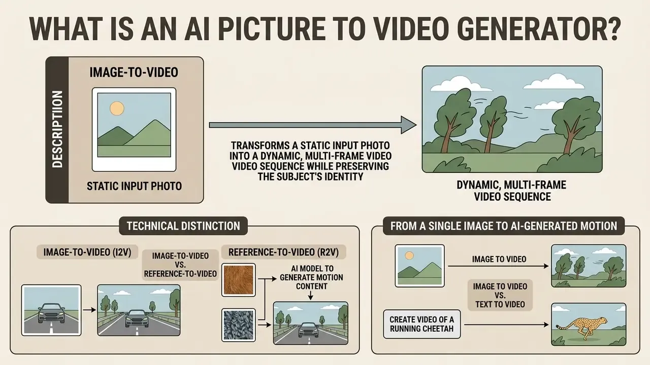 Infographic showing how an AI picture to video generator transforms static photos into dynamic sequences