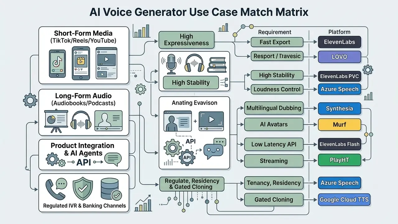 Structured table connecting specific media use cases to required AI voice generator features and platforms