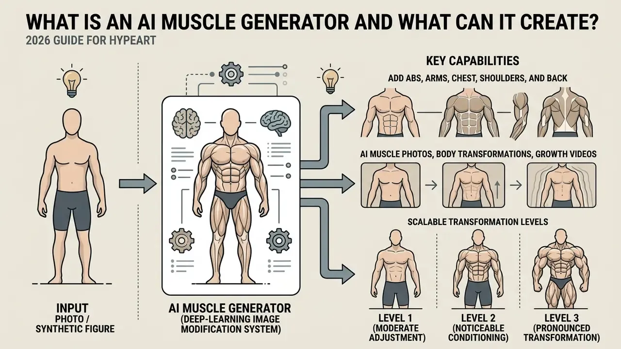 Infographic showing how an AI muscle generator processes human figures to create muscular physiques