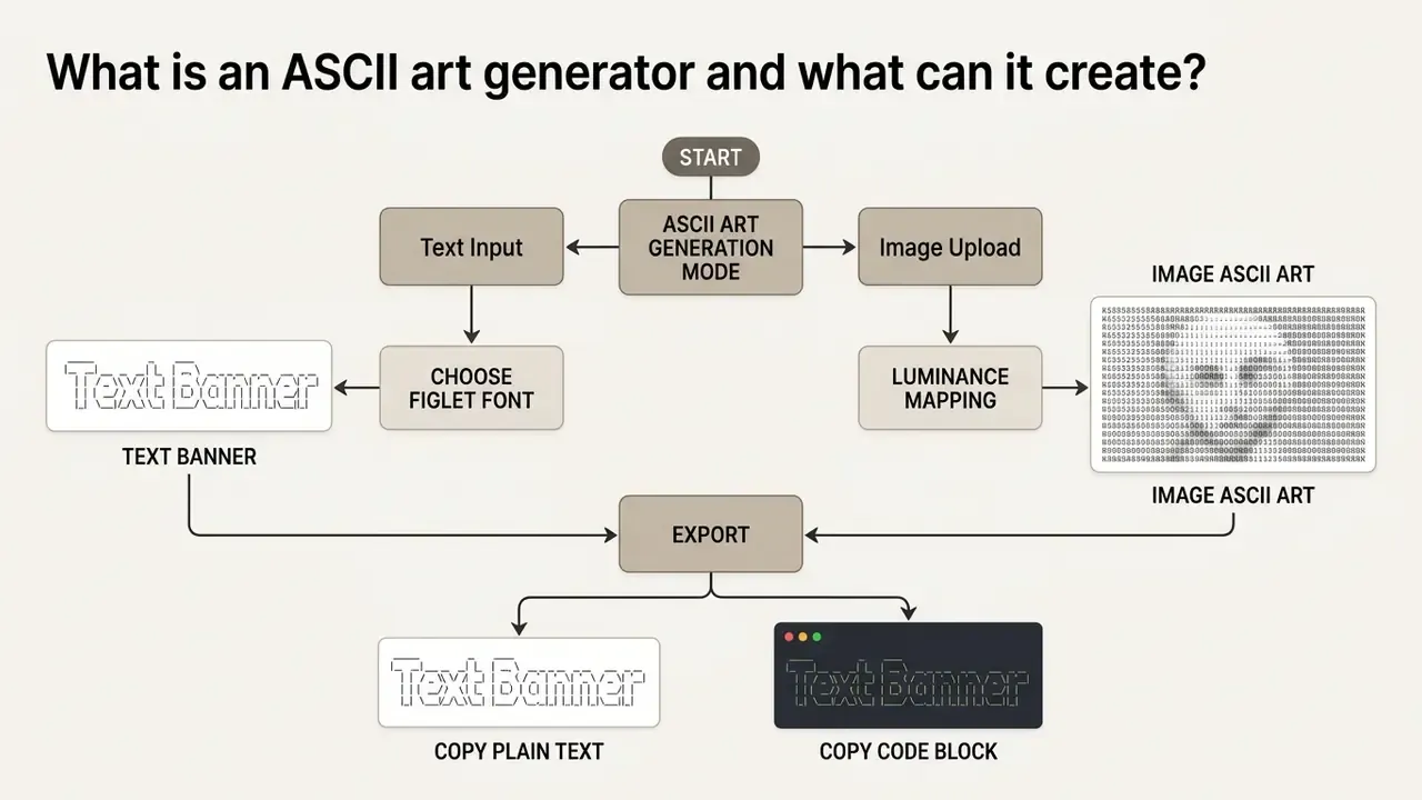 Flowchart showing paths from text input or image upload to final export as plain text or code block