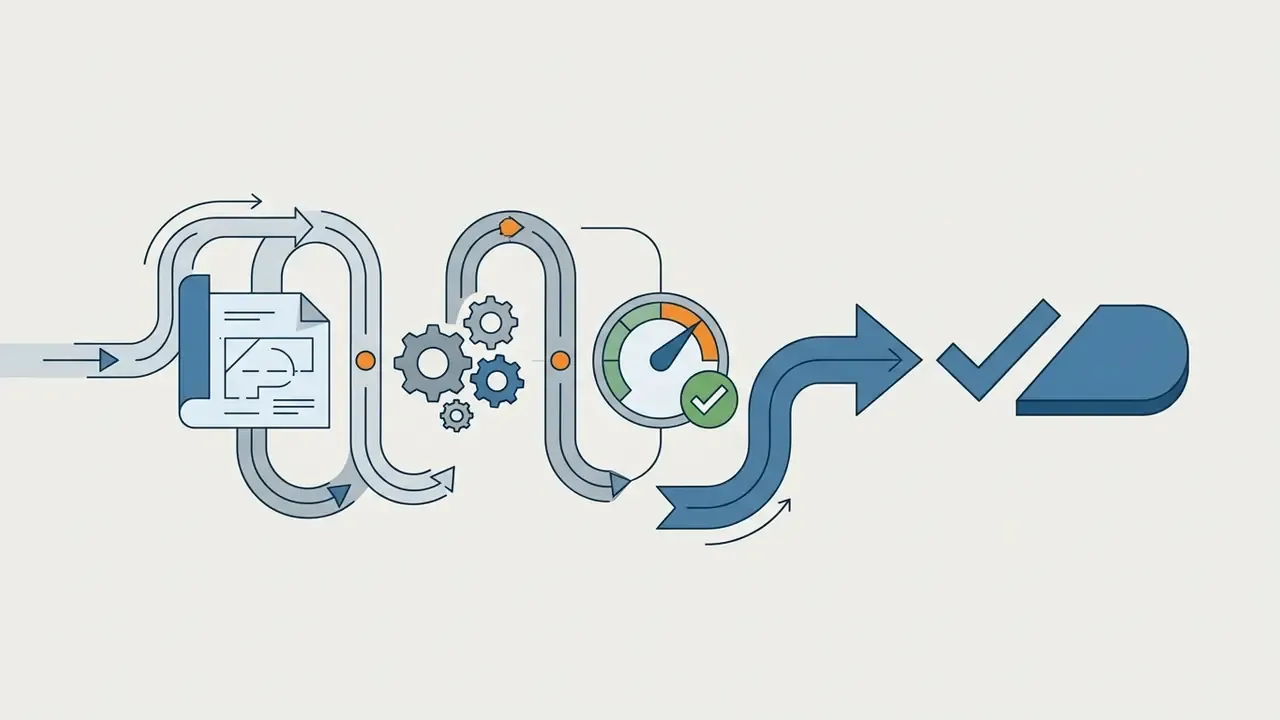 Document input flowing through gears and a gauge to reach a final checkmark and branded lockup