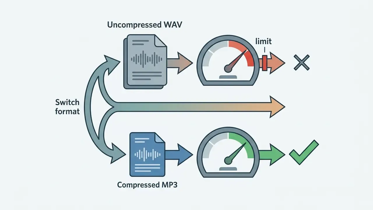 Comparison showing uncompressed WAV files hitting transfer limits while compressed MP3 files pass through