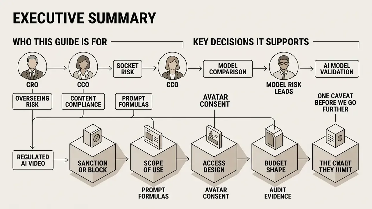 Flowchart connecting corporate roles to four key decisions regarding the use of AI video generators