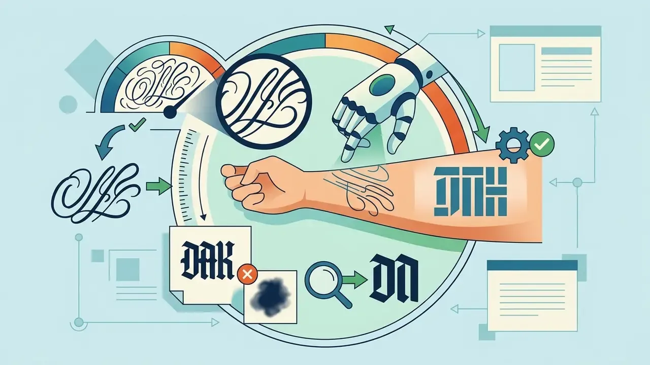 Robotic hand adjusting typography on a human arm to prevent ink bleeding in small tattoo lettering