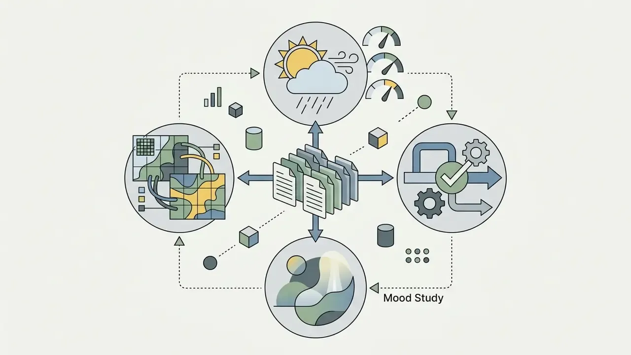 Central documents connected to circular icons showing weather, process steps, and landscape mood studies