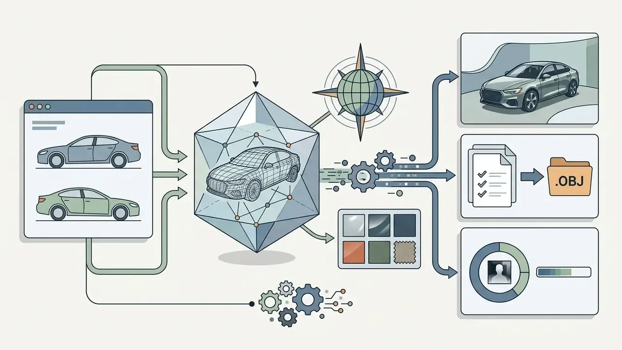 2D car images converting into a 3D wireframe model and exporting as rendered visuals and OBJ files