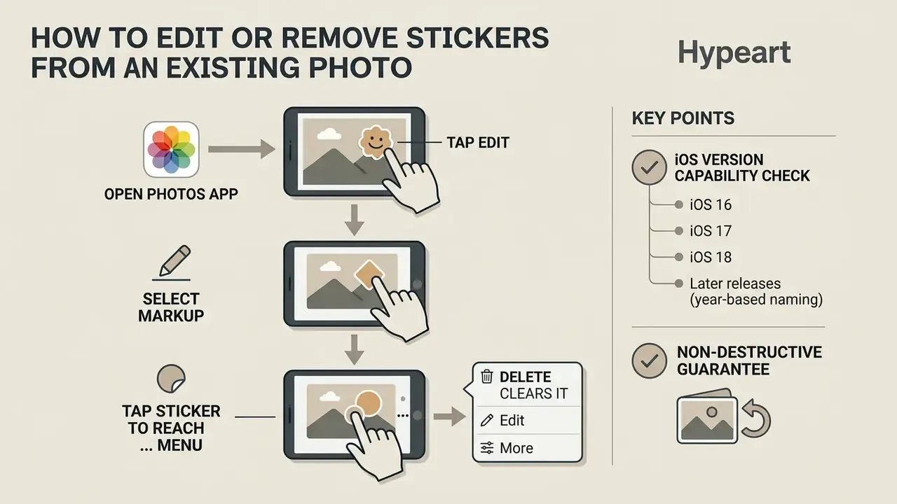 Three sequential steps showing how to access the sticker menu in the Photos app to delete an existing sticker