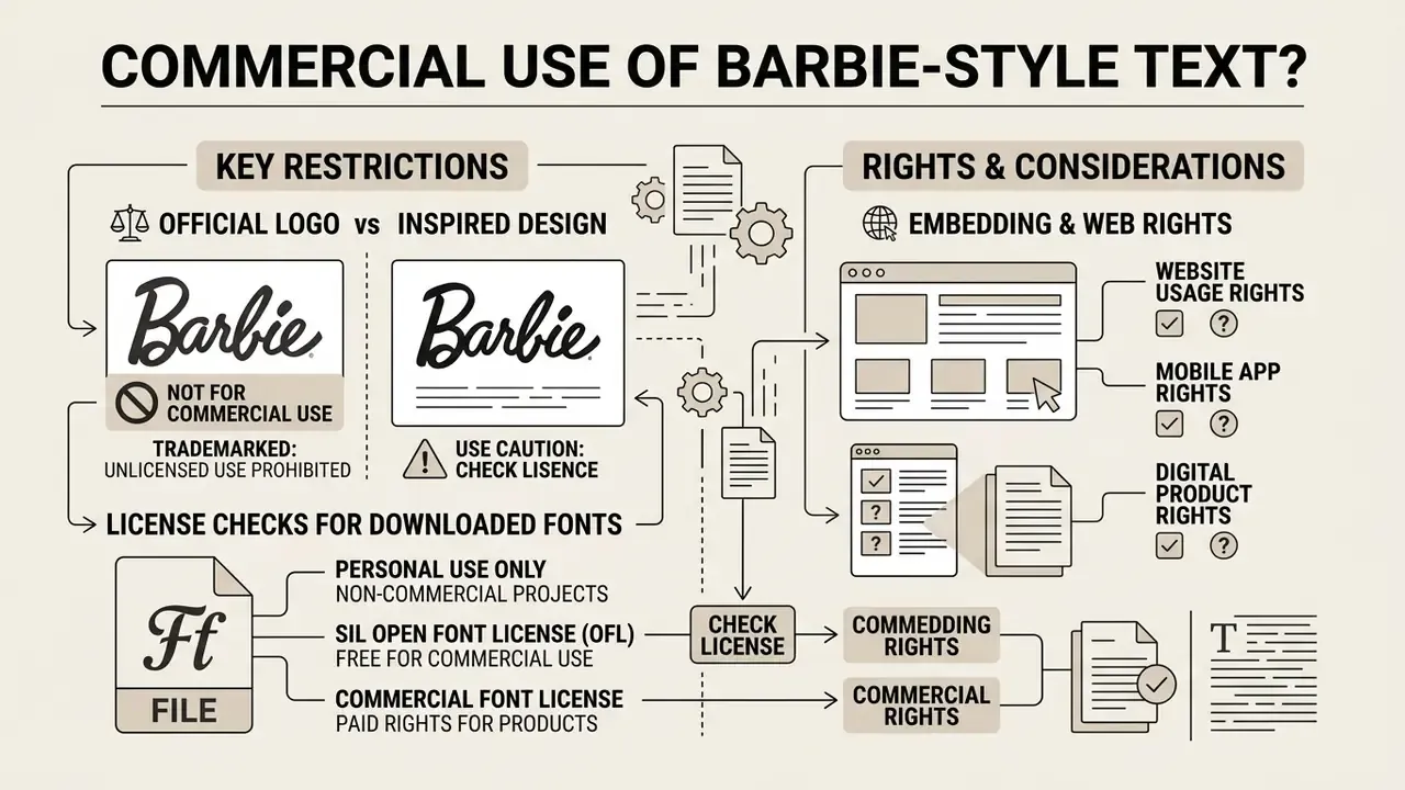 Flowchart detailing legal restrictions, font license types, and web rights for using stylized typography