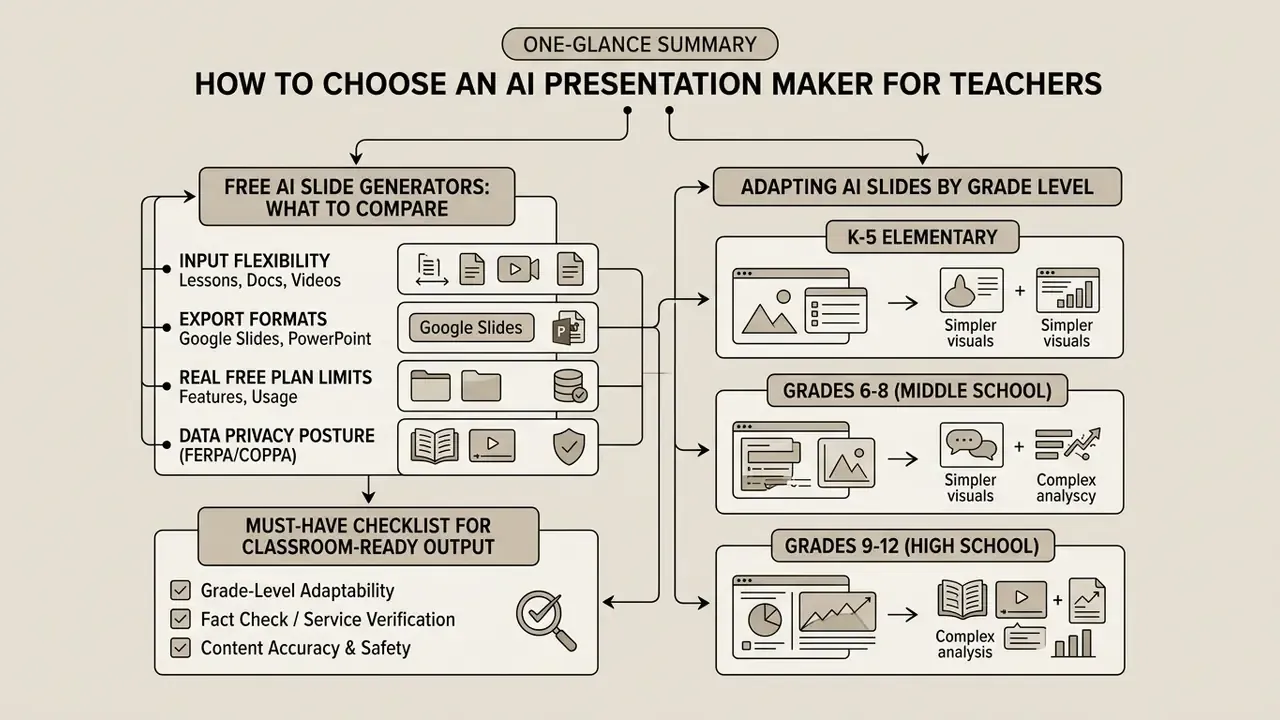 Flowchart comparing features of AI slide generators and adapting content for different grade levels