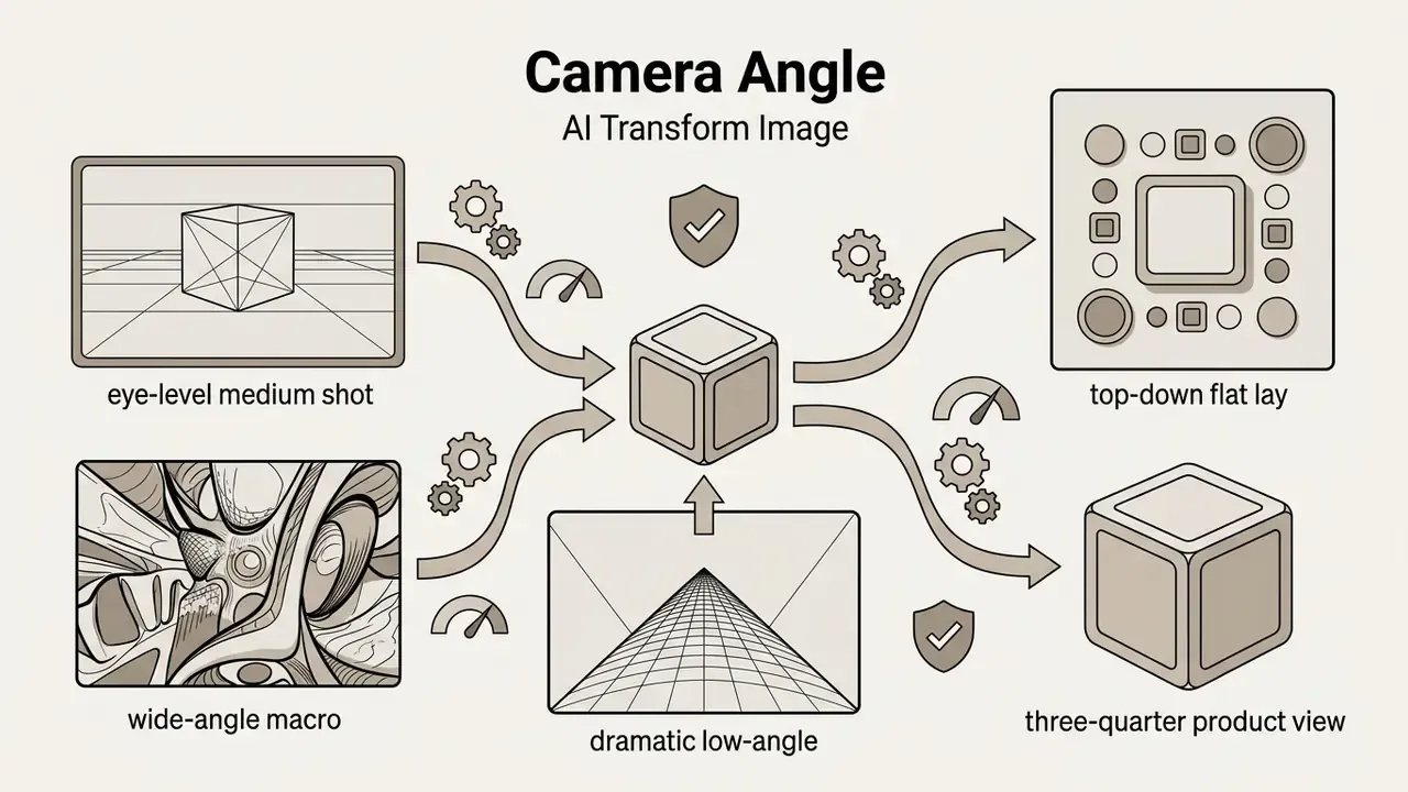 Cube icon connecting various camera angle perspectives through gears and gauges in a technical workflow