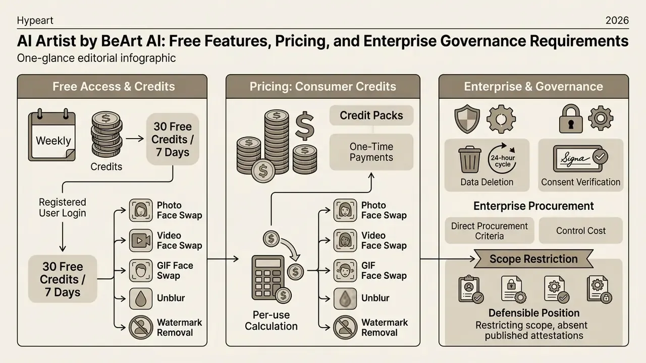 Infographic detailing BeArt AI credit allocation, consumer pricing models, and enterprise requirements
