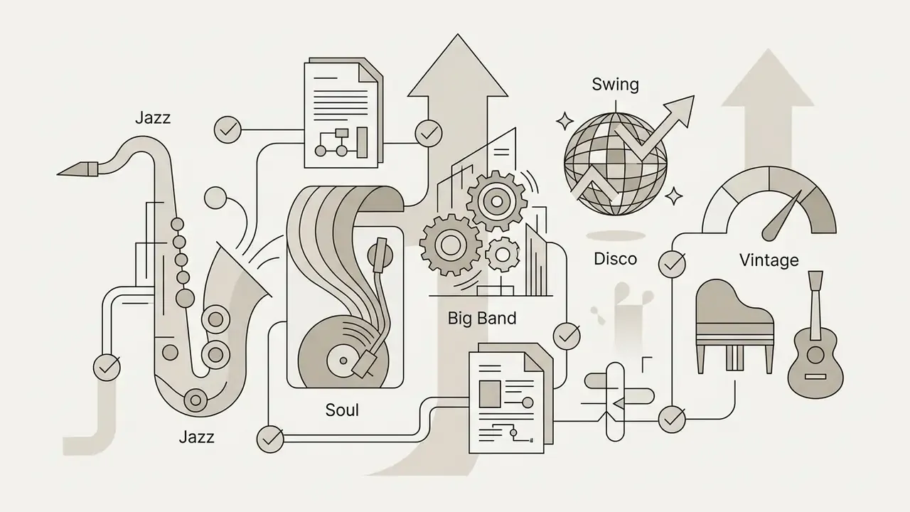 Saxophone, turntable, and disco ball icons connected by lines to gauges and documents for an AI song creator