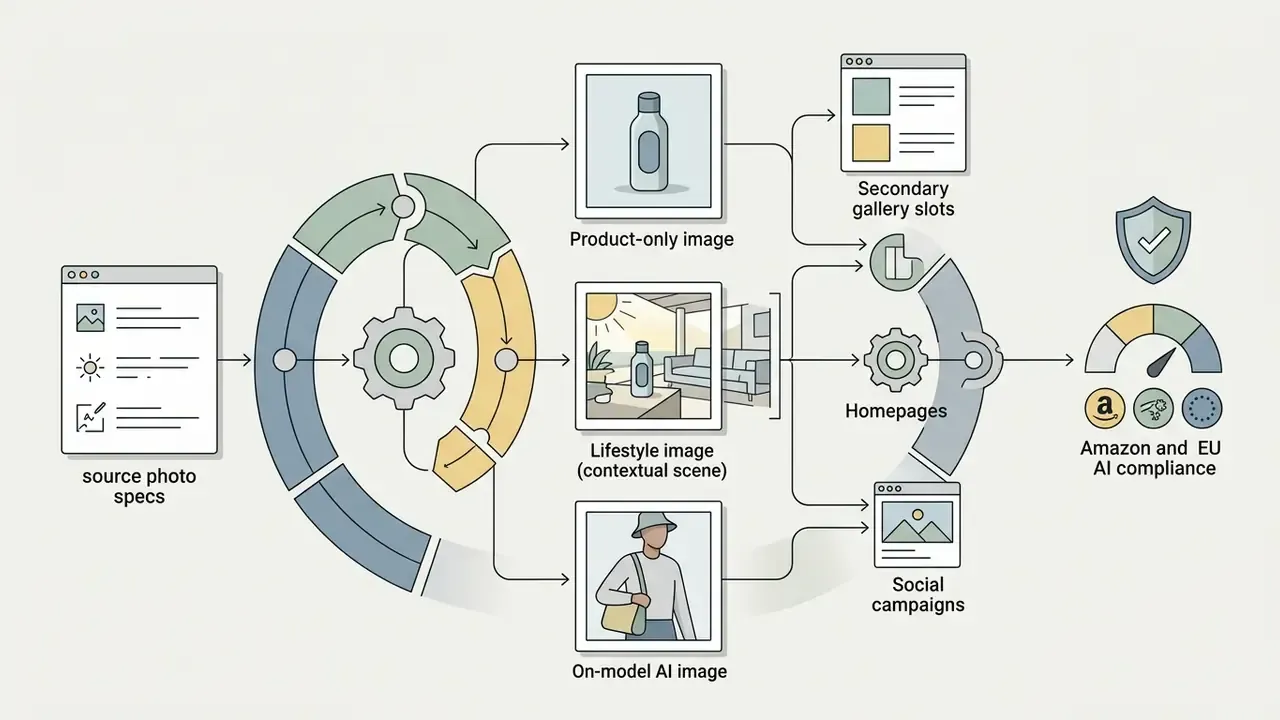 Workflow showing source photo specs transformed into product, lifestyle, and on-model AI image assets